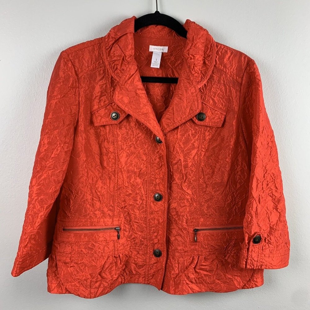 Chicos Crinkle Button Front Jacket Red Orange Cas… - image 1
